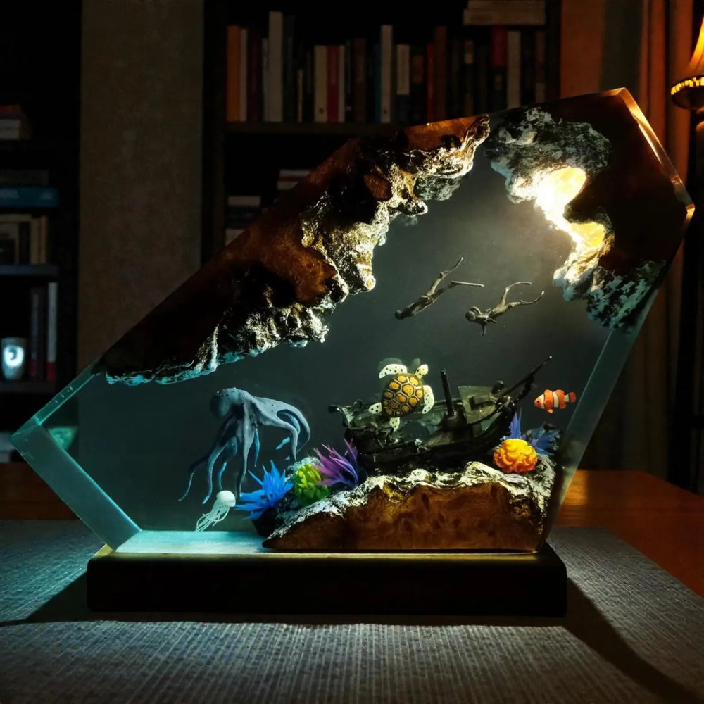 Handmade Resin Ocean Lamp Octopus Divers Diorama