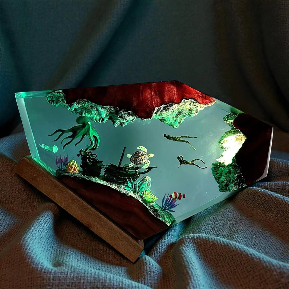 Handmade Resin Ocean Lamp Octopus Divers Diorama