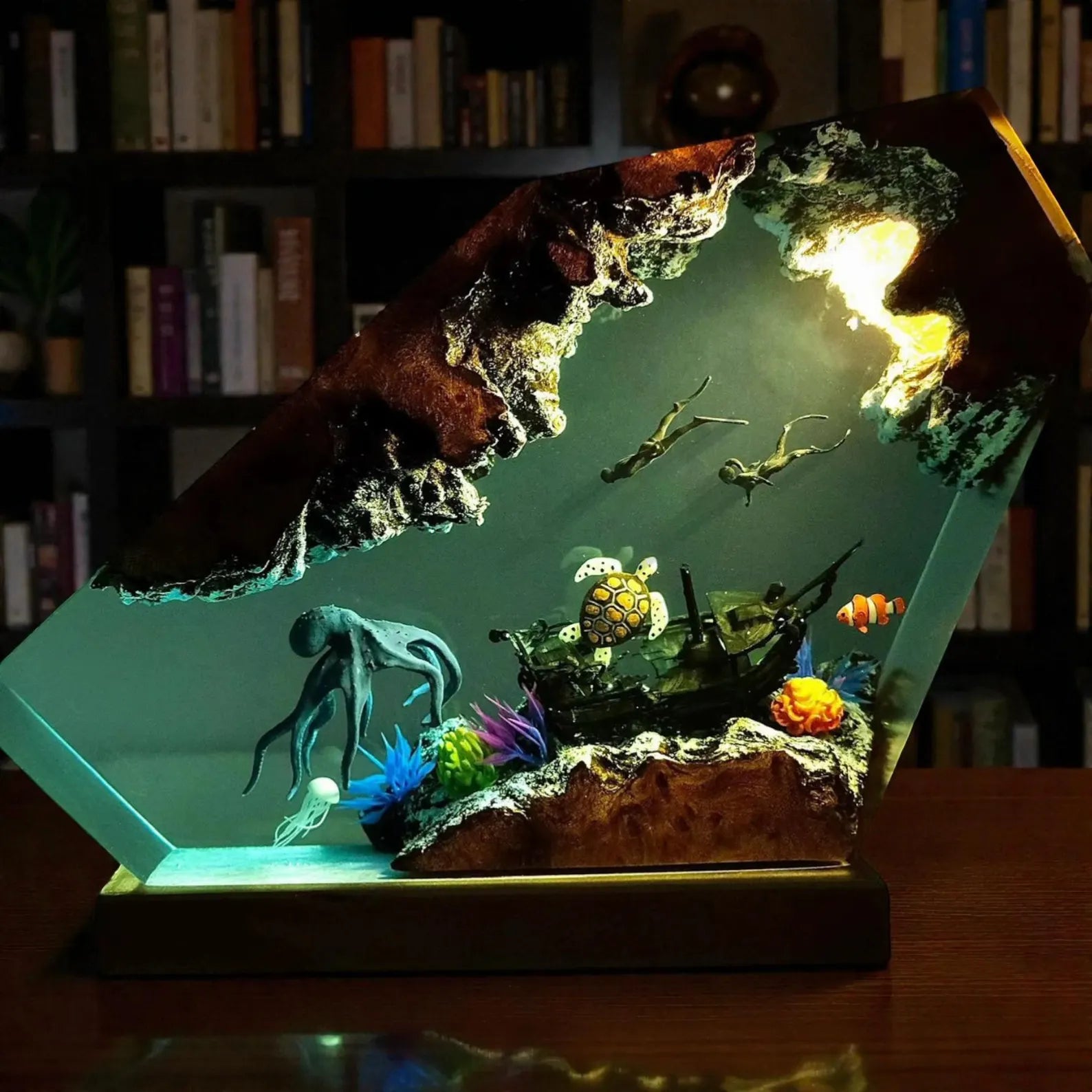Handmade Resin Ocean Lamp Octopus Divers Diorama