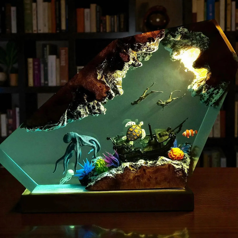 Handmade Resin Ocean Lamp Octopus Divers Diorama