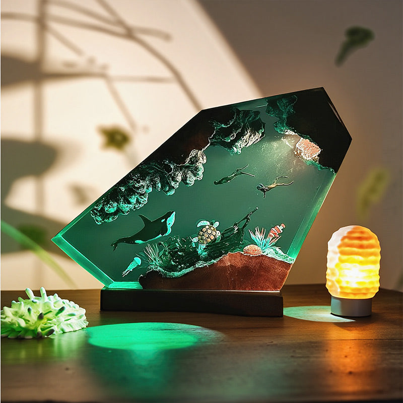Octopus & Divers Resin Lamp Epoxy Wood Night Light for Ocean Lover