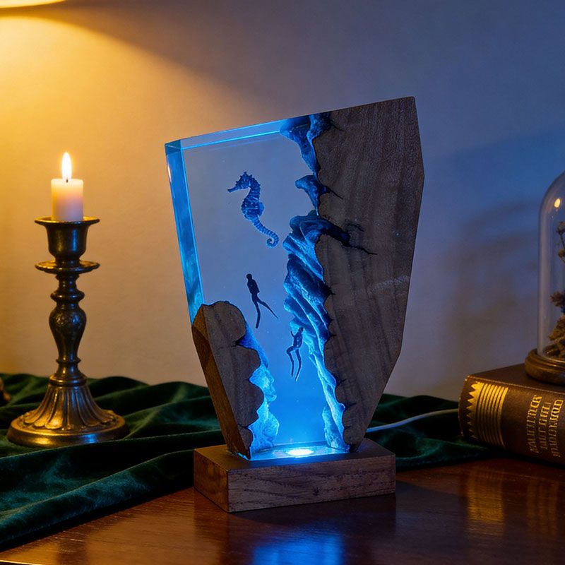 Whimsical Seahorse & Diver Ocean Resin Lamp | RESIN MEMORY Irregular Decor Gift