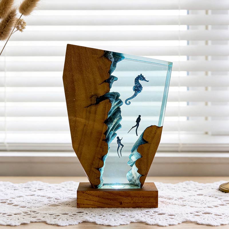 Whimsical Seahorse & Diver Ocean Resin Lamp | RESIN MEMORY Irregular Decor Gift