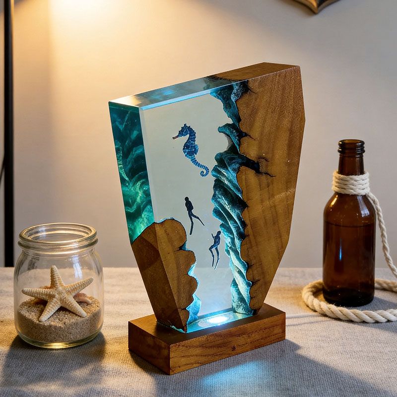 Whimsical Seahorse & Diver Ocean Resin Lamp | RESIN MEMORY Irregular Decor Gift