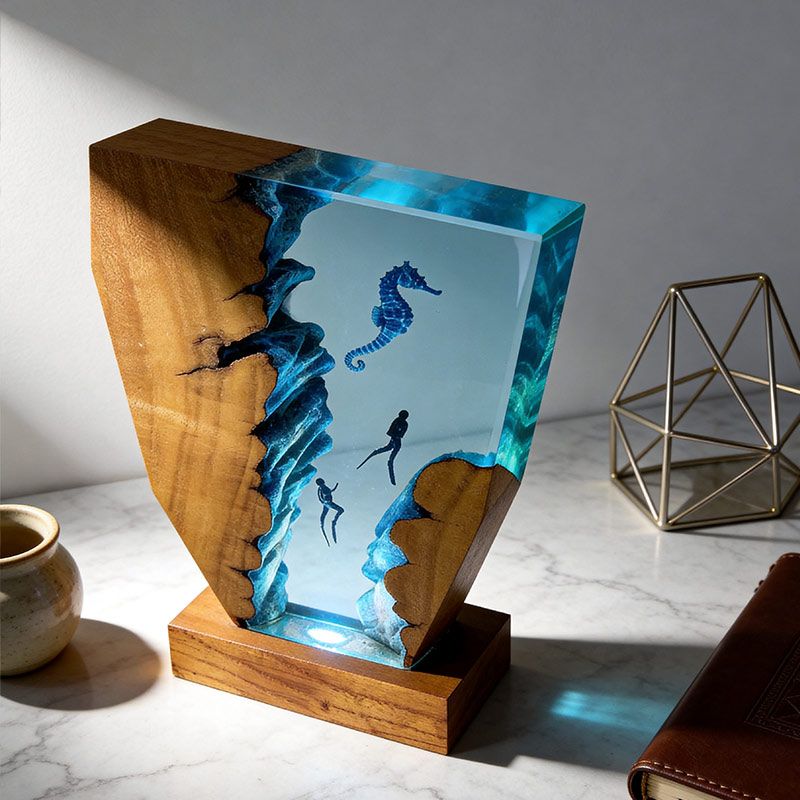 Whimsical Seahorse & Diver Ocean Resin Lamp | RESIN MEMORY Irregular Decor Gift