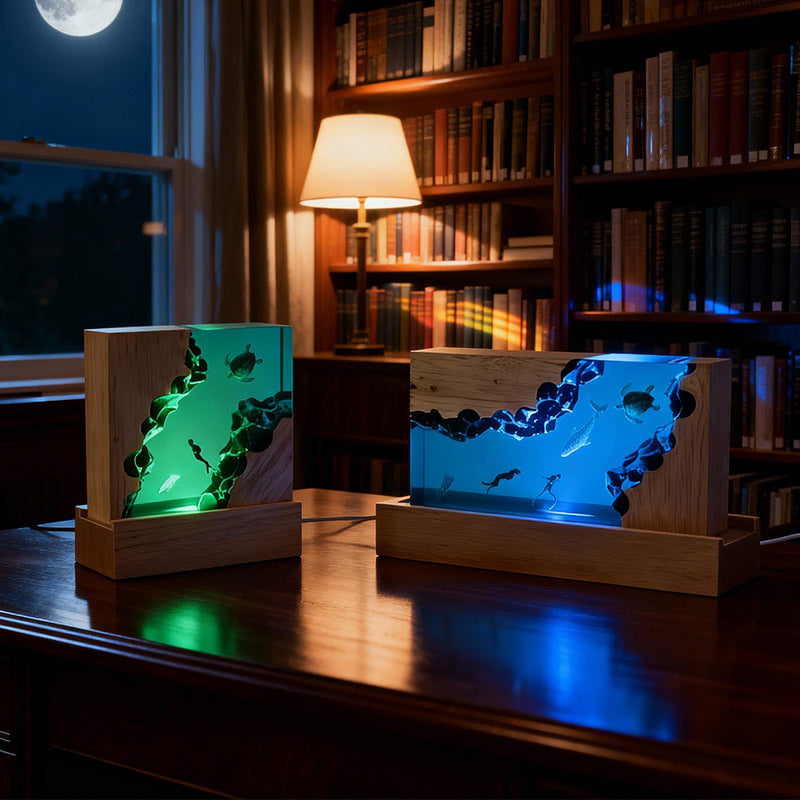 Turtle & Jellyfish Resin Night Light Handmade Cuboid Lamp for Bedroom Decor