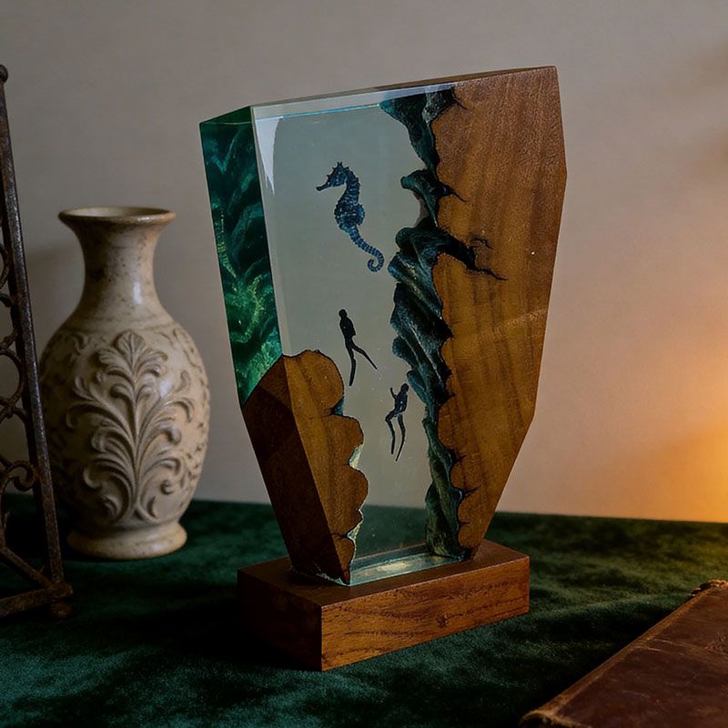 Whimsical Seahorse & Diver Ocean Resin Lamp | RESIN MEMORY Irregular Decor Gift