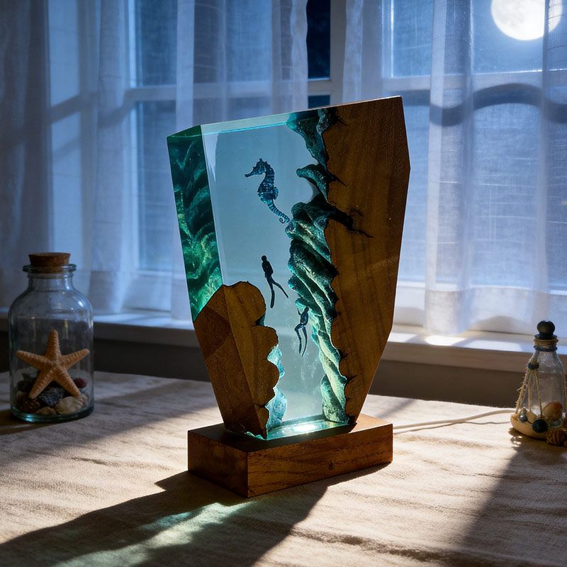 Whimsical Seahorse & Diver Ocean Resin Lamp | RESIN MEMORY Irregular Decor Gift